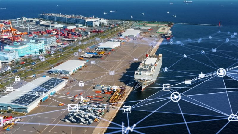 shipping dock overlayed with communication network to highlight supply chain concept