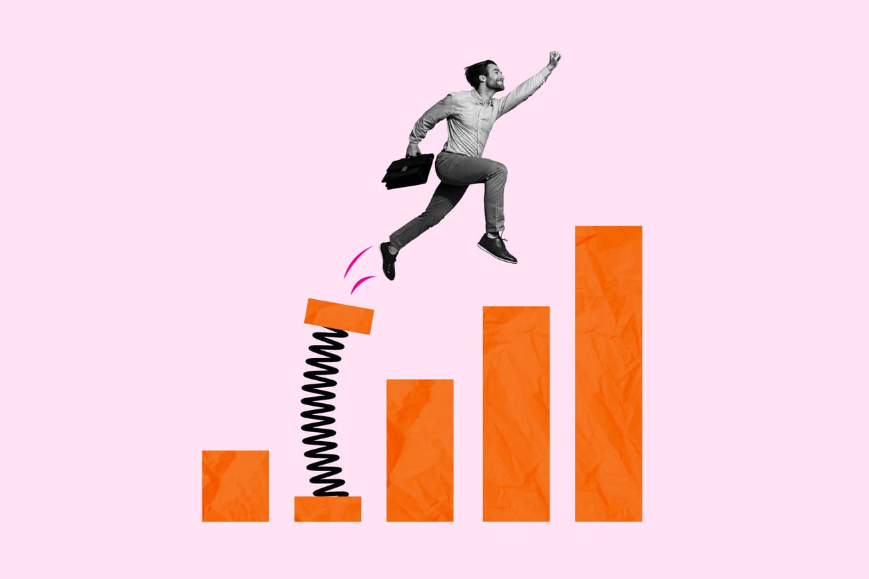 graphic of a business owner on a spring toward growth
