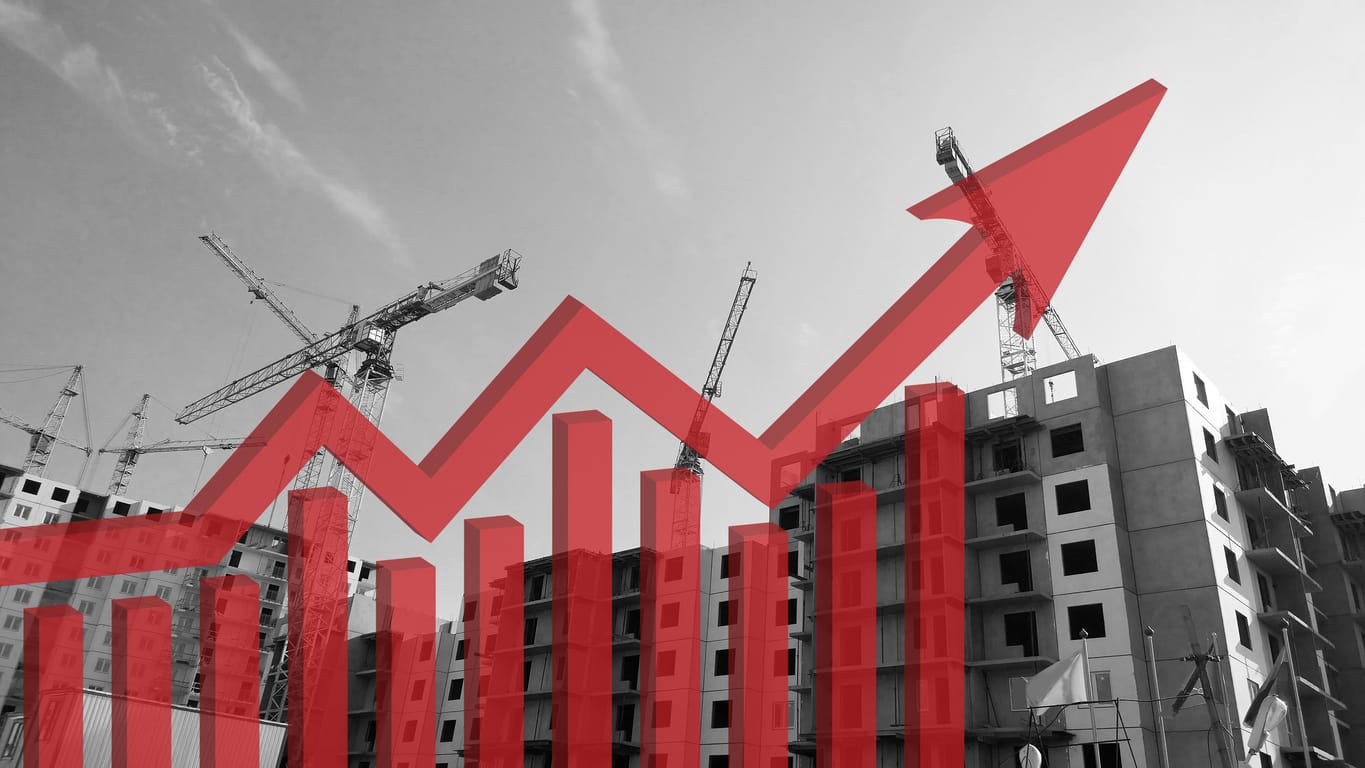 graph trending upwards over an image of a construction site