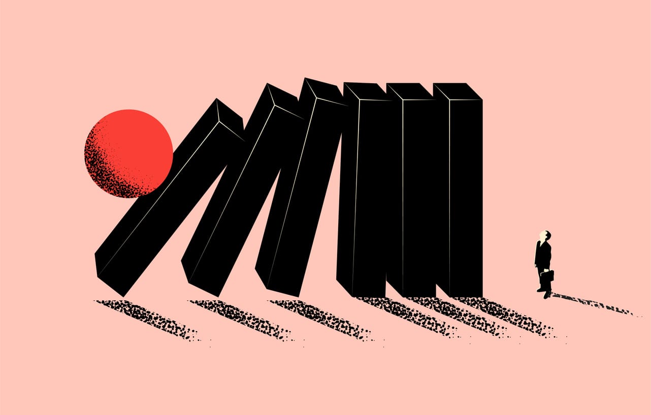 conceptual illustration of dominos toppling on a business man